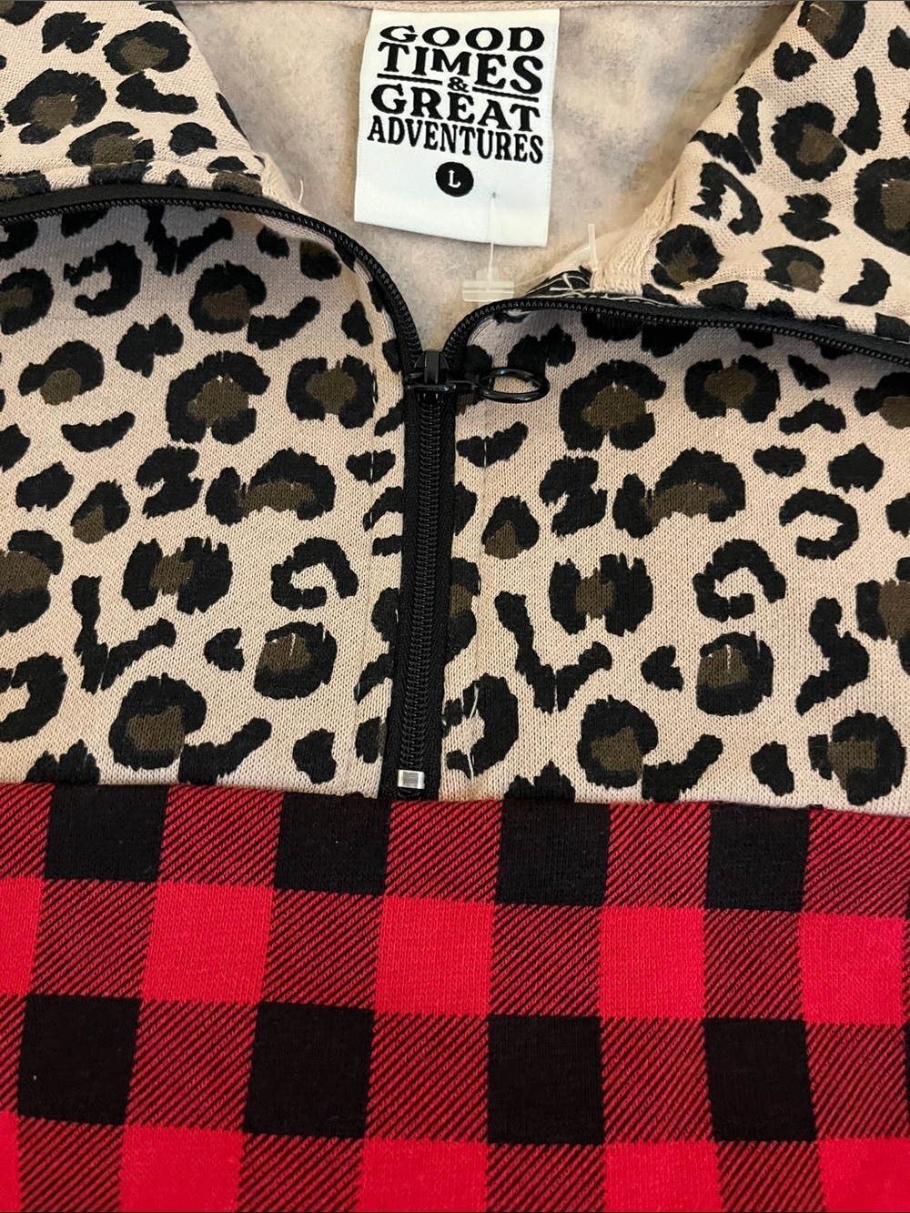 Women’s Red Buffalo Plaid Pullover with Leopard Trim L, NWOT - Picture 4 of 10